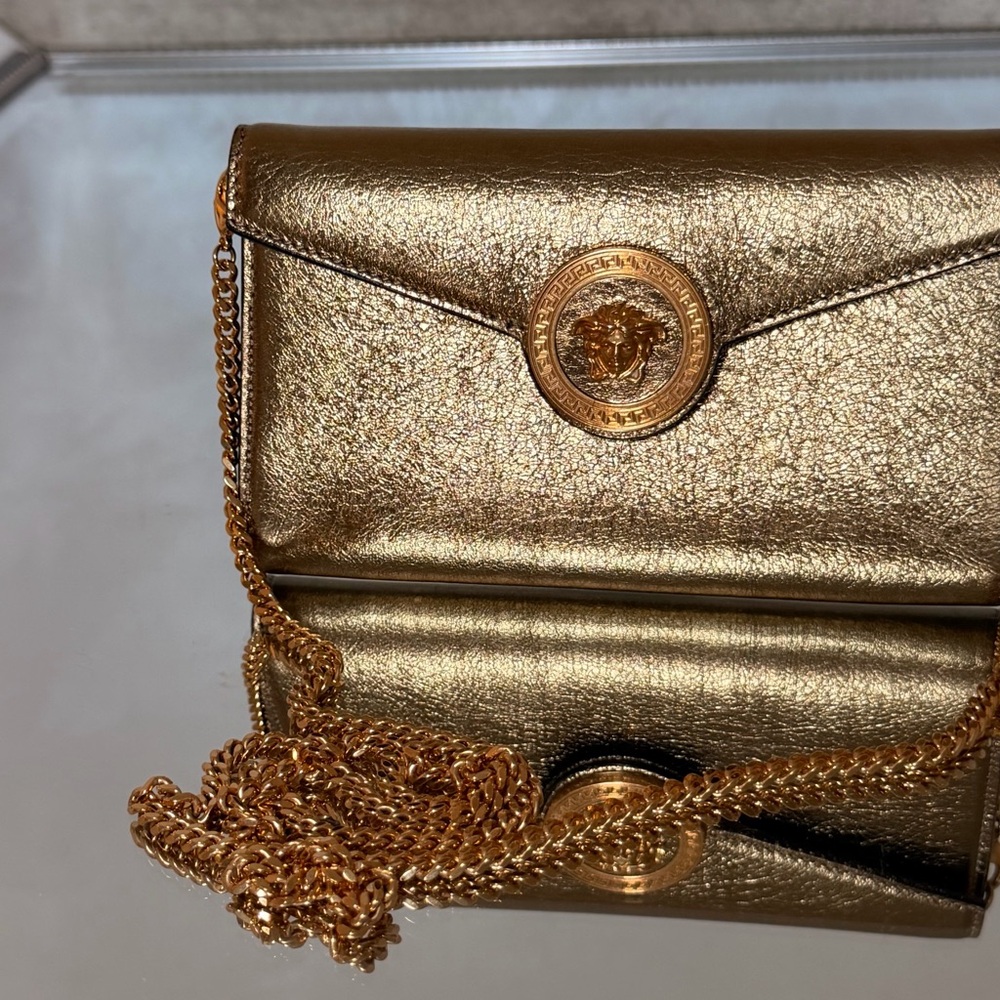 Versace Gold Metallic Leather Medusa Chain Clutch